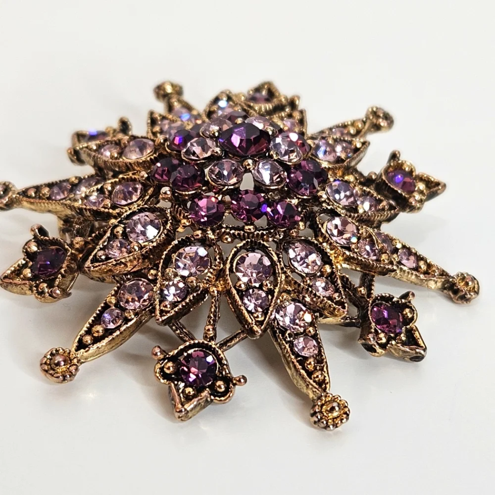 Vintage Bohemian Style Sparkling Purple Rhinestone Gold Tone Brooch